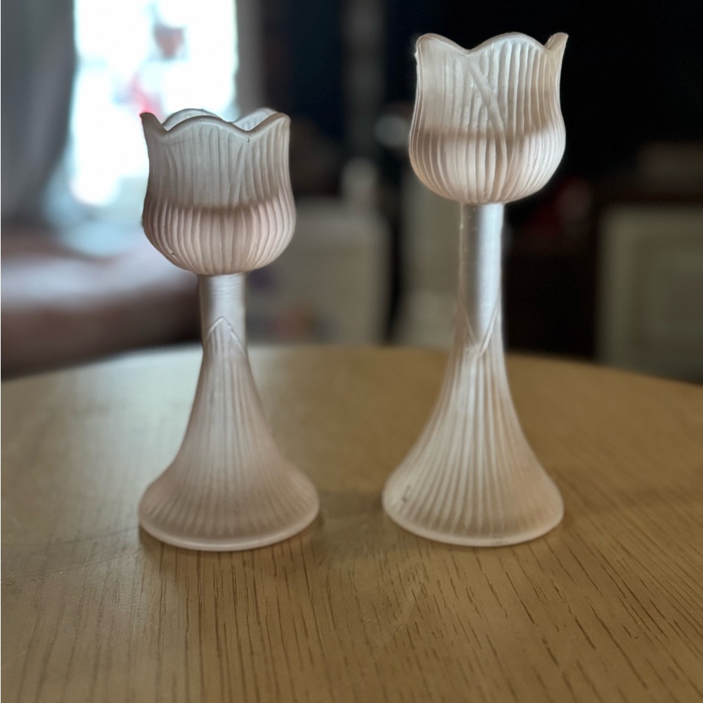 Vintage Decorative Tulip Glass Candle Holders - Pale Pink Set